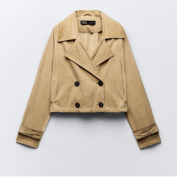 NWT Zara Garment Dye Faux Suede Short Double Breasted Cropped Trench Style Coat - Picture 10 of 16